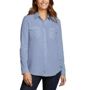 Eddie Bauer Women Plus Size XXL Stretch Blue Button UPF50+ Tech Shirt NWT